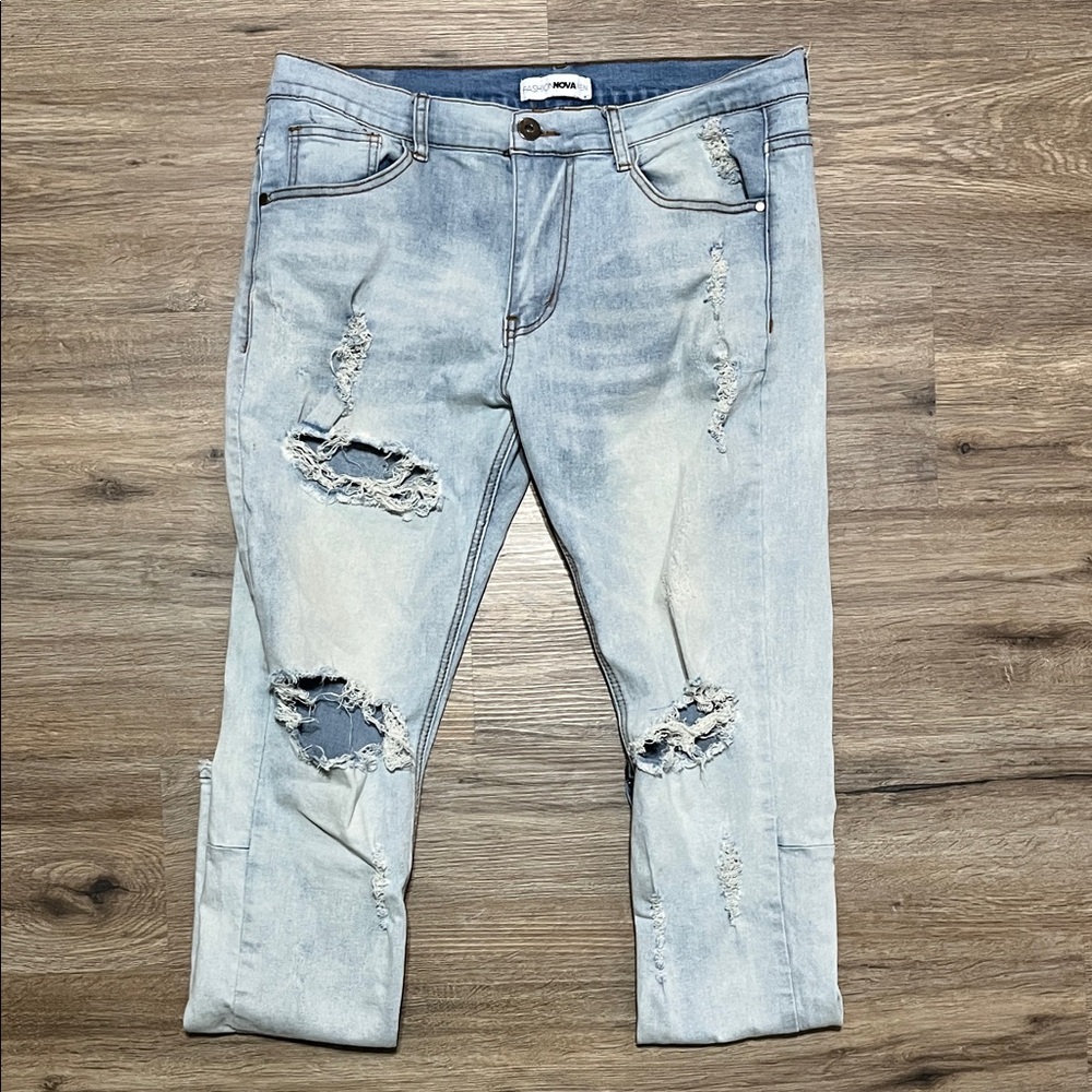 Fashion Nova Men's Distressed Light Blue Jeans